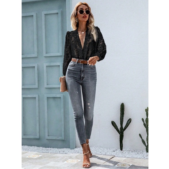 Black Casual Textured Shirt Button Up Down Floral - Picture 5 of 9